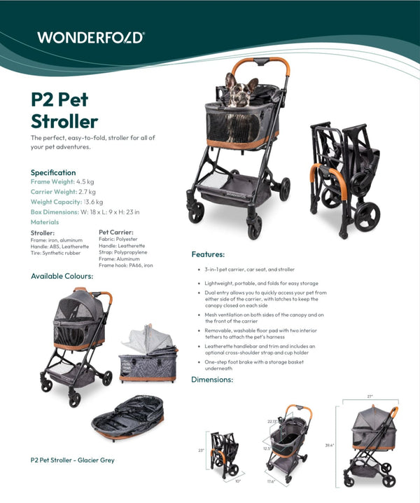 WonderFold P2 3-in-1 Pet Stroller Travel System-Pet Strollers-WonderFold- Silver Circle Pets