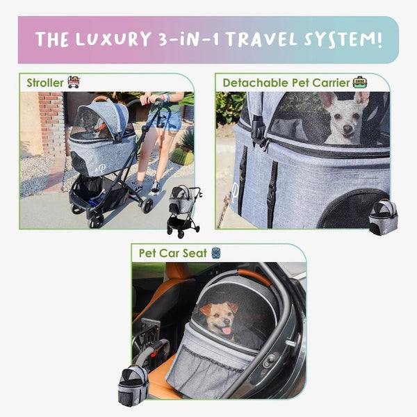 Petique 3-in-1 Tri-Fold Pet Stroller Travel System-Pet Strollers-Petique- Silver Circle Pets