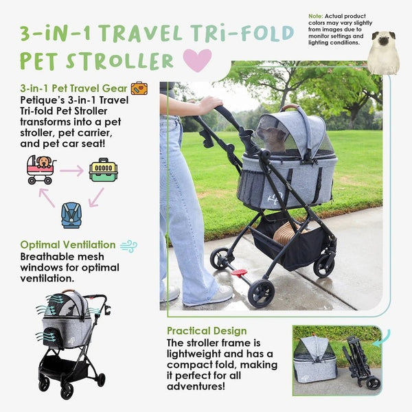 Petique 3-in-1 Tri-Fold Pet Stroller Travel System-Pet Strollers-Petique- Silver Circle Pets